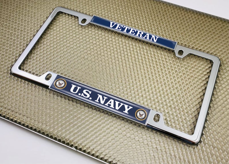 BestLicensePlateFrames [Officially Licensed Product] - U.S. Navy Veteran with Eagle, Anchor Logo - Domed Custom-Made Personalized Narrow (Thin) Top 4 Hole Metal Car License Plate Frame with Free caps - Chrome (Qty:1 Frame) - Image 5
